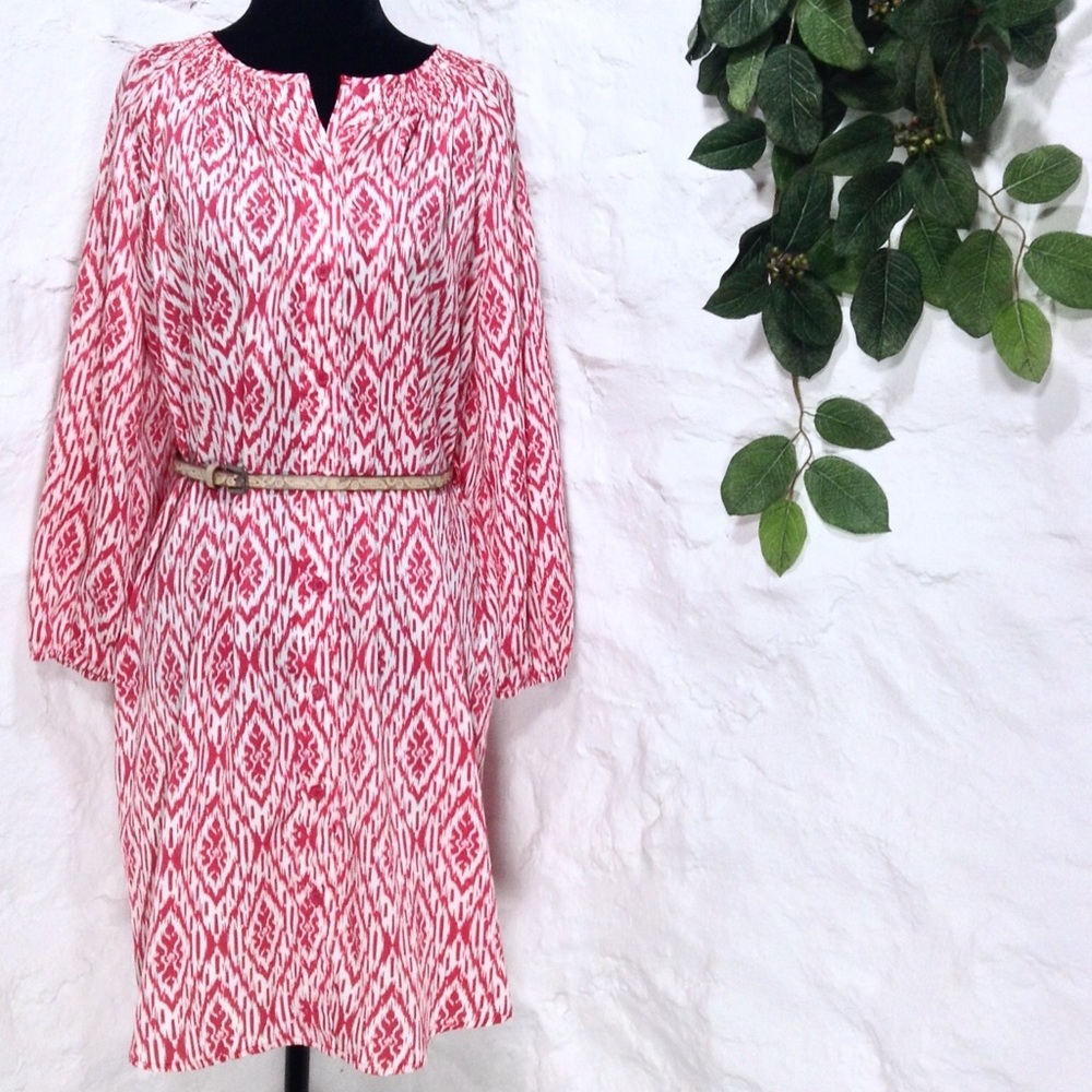 Anthro Maeve pink ikat peasant shirt dress size L
